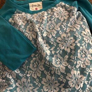 Energie Turquoise and White Floral Lace Top
